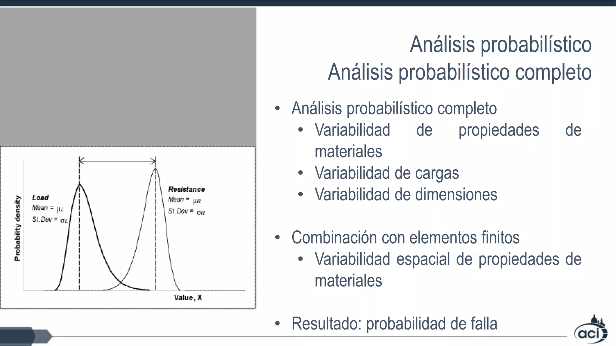 • Análisis probabilístico completo
• Variabilidad de propiedades de
materiales
• Variabilidad de cargas
• Variabilidad de dimensiones
• Combinación con elementos finitos
• Variabilidad espacial de propiedades de
materiales
• Resultado: probabilidad de falla
Análisis probabilístico
Análisis probabilístico completo
 