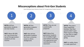 Misconceptions about First-Gen Students
(Sarah Whitley, Senior Director, Center for First-generation Student Success)
1
MYTH: All first-
generation students
are low income.
FACT: About 40-50%
are low-income but
not all first-generation
students are low
income.
2
MYTH: All first-
generation students
are non-white.
FACT: Not all first-
generation students
are from a minority
racial or ethnic
background.
3
MYTH: They are not
academically
prepared.
FACT: Many first-
generation students
are incredibly bright
and resilient and bring
rich experiences and
contributions in the
classroom.
4
MYTH: They don’t
have supportive
families, that their
parents didn’t want
them to go to college,
or that they’re angry
with them about
going.
FACT: In reality, there
is a wide spectrum.
 