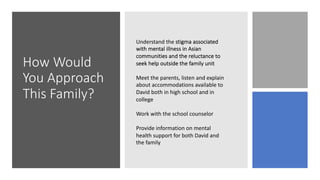 How Would
You Approach
This Family?
Understand the stigma associated
with mental illness in Asian
communities and the reluctance to
seek help outside the family unit
Meet the parents, listen and explain
about accommodations available to
David both in high school and in
college
Work with the school counselor
Provide information on mental
health support for both David and
the family
 