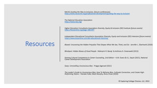 Resources
NACAC Guiding the Way to Inclusion, (future conferences)
https://www.nacacnet.org/professional-development/guiding-the-way-to-inclusion
The National Education Association
https://www.nea.org/
Higher Education Consultants Association Diversity, Equity & Inclusion (DEI) Institute (future events)
https://hecaonline.org/page-1861097
Independent Educational Consultants Association Diversity, Equity and Inclusion (DEI) Intensive (future events)
https://www.iecaonline.com/dei-educational-intensive/
Biased: Uncovering the Hidden Prejudice That Shapes What We See, Think, and Do - Jennifer L. Eberhardt (2020)
Blindspot: Hidden Biases of Good People - Mahzarin R. Banaji & Anthony G. Greenwald (2013)
Gaining Cultural Competence in Career Counseling, 2nd Edition – K.M. Evans & A.L. Sejuit (2021), National
Career Development Association
Sway: Unravelling Unconscious Bias - Pragya Agarwal (2021)
The Leader’s Guide to Unconscious Bias: How To Reframe Bias, Cultivate Connection, and Create High-
Performing Teams – Pamela Fuller, Mark Murphy, Anne Chow (2020)
© Exploring College Choices, LLC, 2022
 