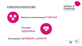 КУЛЬТУРА И ИСКУССТВО:
08
Выстраивают доверие и диалог
Являются составляющей счастья
Улучшают
здоровье
 