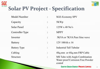 Model Number      :   SGE-Economy SPV
Capacity          :   5KWp
Solar Panel       :   125W x 40 No’s
Controller Type   :   MPPT
Inverter          :   5KVA or 7KVA Pure Sine wave

Battery           :   12V 100Ah x 16
Battery Type      :   Industrial Tall Tubular
Cabling           :   4Sq.mm or 6Sq.mm FRP Cable
Structure         :   MS Tube with Angle Combination
                      Water proof Corrosion Free Powder
                      coated
                                                          11
 