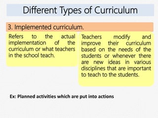 3. Implemented curriculum.
Refers to the actual
implementation of the
curriculum or what teachers
in the school teach.
Teachers modify and
improve their curriculum
based on the needs of the
students or whenever there
are new ideas in various
disciplines that are important
to teach to the students.
Ex: Planned activities which are put into actions
Different Types of Curriculum
 