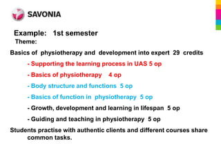 Example: 1st semester
 Theme:
Basics of physiotherapy and development into expert 29 credits
     - Supporting the learning process in UAS 5 op
     - Basics of physiotherapy   4 op
     - Body structure and functions 5 op
     - Basics of function in physiotherapy 5 op
     - Growth, development and learning in lifespan 5 op
     - Guiding and teaching in physiotherapy 5 op
Students practise with authentic clients and different courses share
     common tasks.
 
