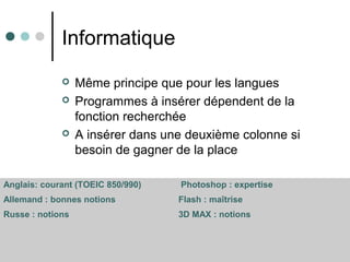 Informatique
 Même principe que pour les langues
 Programmes à insérer dépendent de la
fonction recherchée
 A insérer dans une deuxième colonne si
besoin de gagner de la place
Anglais: courant (TOEIC 850/990) Photoshop : expertise
Allemand : bonnes notions Flash : maîtrise
Russe : notions 3D MAX : notions
 