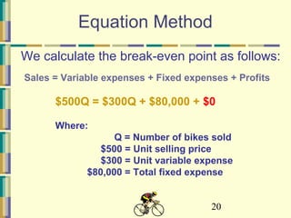 20
Equation Method
We calculate the break-even point as follows:
Sales = Variable expenses + Fixed expenses + Profits
$500Q = $300Q + $80,000 + $0
Where:
Q = Number of bikes sold
$500 = Unit selling price
$300 = Unit variable expense
$80,000 = Total fixed expense
 