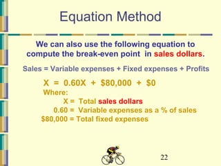 22
Equation Method
We can also use the following equation to
compute the break-even point in sales dollars.
Sales = Variable expenses + Fixed expenses + Profits
X = 0.60X + $80,000 + $0
Where:
X = Total sales dollars
0.60 = Variable expenses as a % of sales
$80,000 = Total fixed expenses
 
