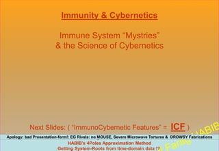 1
Immunity & Cybernetics
Immune System “Mystries”
& the Science of Cybernetics
Next Slides: ( “ImmunoCybernetic Features” = ICF )
GST – System Identification
HABIB’s 4Poles Approximation Method
Getting System-Roots from time-domain data !?!
Apology: bad Presentation-form!: EG Rivals: no MOUSE, Severe Microwave Tortures & DROWSY Fabrications
 