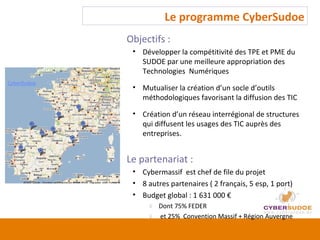 Le programme CyberSudoe Objectifs :  Développer la compétitivité des TPE et PME du SUDOE par une meilleure appropriation des Technologies  Numériques Mutualiser la création d’un socle d’outils méthodologiques favorisant la diffusion des TIC Création d’un réseau interrégional de structures qui diffusent les usages des TIC auprès des entreprises. Le partenariat : Cybermassif  est chef de file du projet 8 autres partenaires ( 2 français, 5 esp, 1 port) Budget global : 1 631 000 € Dont 75% FEDER et 25%  Convention Massif + Région Auvergne 