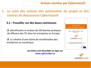 Actions menées par Cybermassif :  Le suivi des actions des partenaires du projet et des centres de Ressources Cybermassif 3.1 : Travailler sur des bases communes  Identification et analyse de 105 bonnes pratiques de diffusion des TIC dans les entreprises en Europe. La création d’une charte de sensibilisation des  entreprises au numérique. Ces fiches sont disonibles en ligne sur  www.cybersudoe.eu   