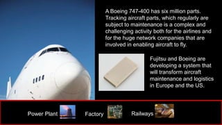 A Boeing 747-400 has six million parts.
                        Tracking aircraft parts, which regularly are
                        subject to maintenance is a complex and
                        challenging activity both for the airlines and
                        for the huge network companies that are
                        involved in enabling aircraft to fly.

                                           Fujitsu and Boeing are
                                           developing a system that
                                           will transform aircraft
                                           maintenance and logistics
                                           in Europe and the US.




Power Plant   Factory              Railways
                         18                                 Copyright 2012 FUJITSU
 