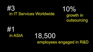 example: palm vein sensors
  #3                           10%
   in IT Services Worldwide      growth in
                                 outsourcing

  #1
   in ASIA        18,500
                    employees engaged in R&D
                         7             Copyright 2012 FUJITSU
 
