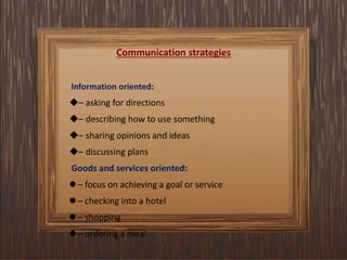 Communication strategies
Information oriented:
– asking for directions
– describing how to use something
– sharing opinions and ideas
– discussing plans
Goods and services oriented:
 – focus on achieving a goal or service
 – checking into a hotel
 – shopping
 – ordering a meal
 