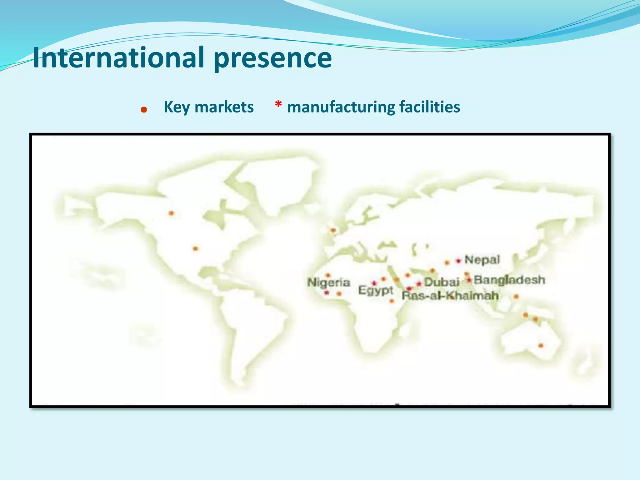 International presence
. Key markets * manufacturing facilities
 