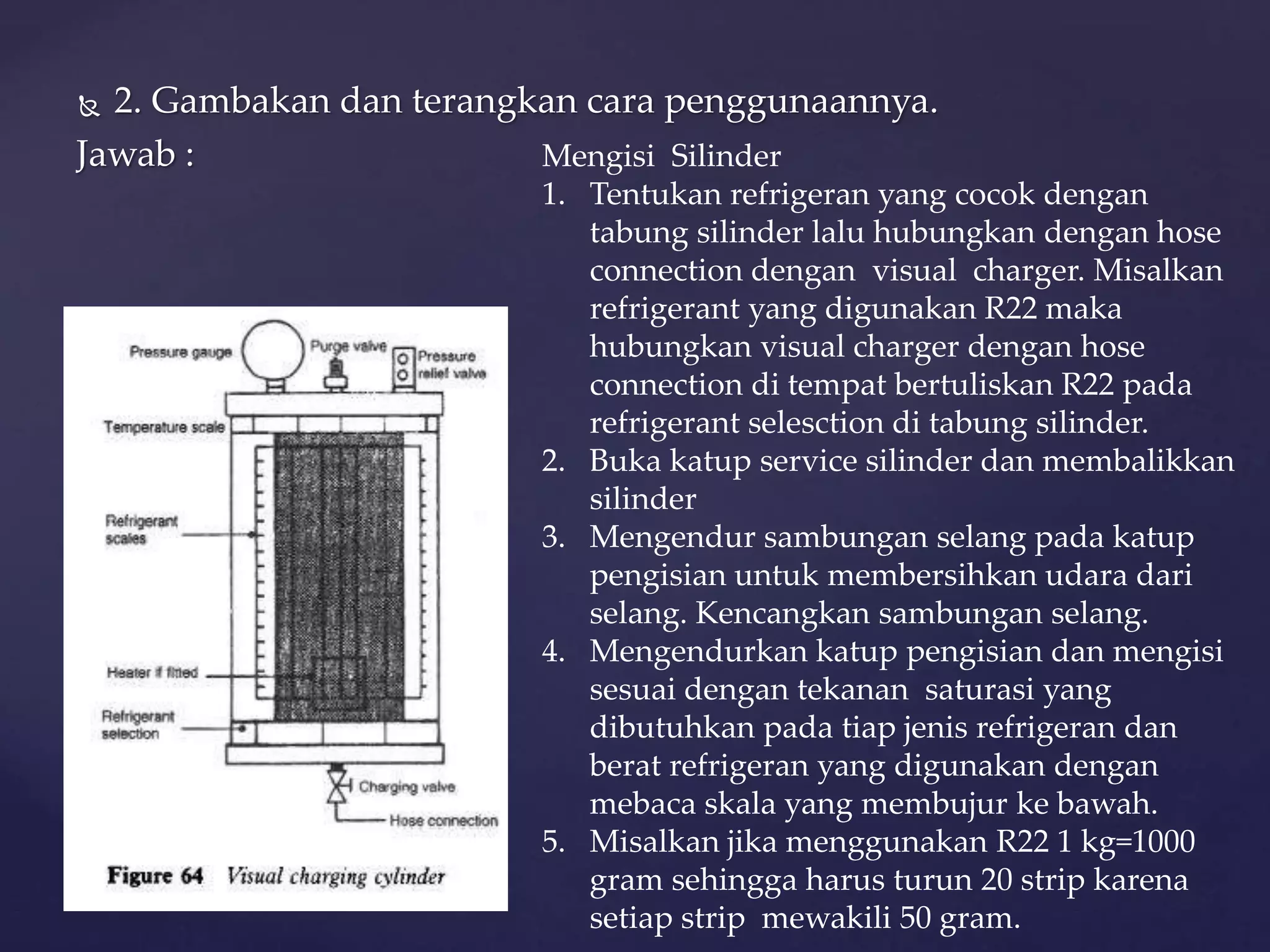  2. Gambakan dan terangkan cara penggunaannya. 
Jawab : Mengisi Silinder 
1. Tentukan refrigeran yang cocok dengan 
tabung silinder lalu hubungkan dengan hose 
connection dengan visual charger. Misalkan 
refrigerant yang digunakan R22 maka 
hubungkan visual charger dengan hose 
connection di tempat bertuliskan R22 pada 
refrigerant selesction di tabung silinder. 
2. Buka katup service silinder dan membalikkan 
silinder 
3. Mengendur sambungan selang pada katup 
pengisian untuk membersihkan udara dari 
selang. Kencangkan sambungan selang. 
4. Mengendurkan katup pengisian dan mengisi 
sesuai dengan tekanan saturasi yang 
dibutuhkan pada tiap jenis refrigeran dan 
berat refrigeran yang digunakan dengan 
mebaca skala yang membujur ke bawah. 
5. Misalkan jika menggunakan R22 1 kg=1000 
gram sehingga harus turun 20 strip karena 
setiap strip mewakili 50 gram. 
 