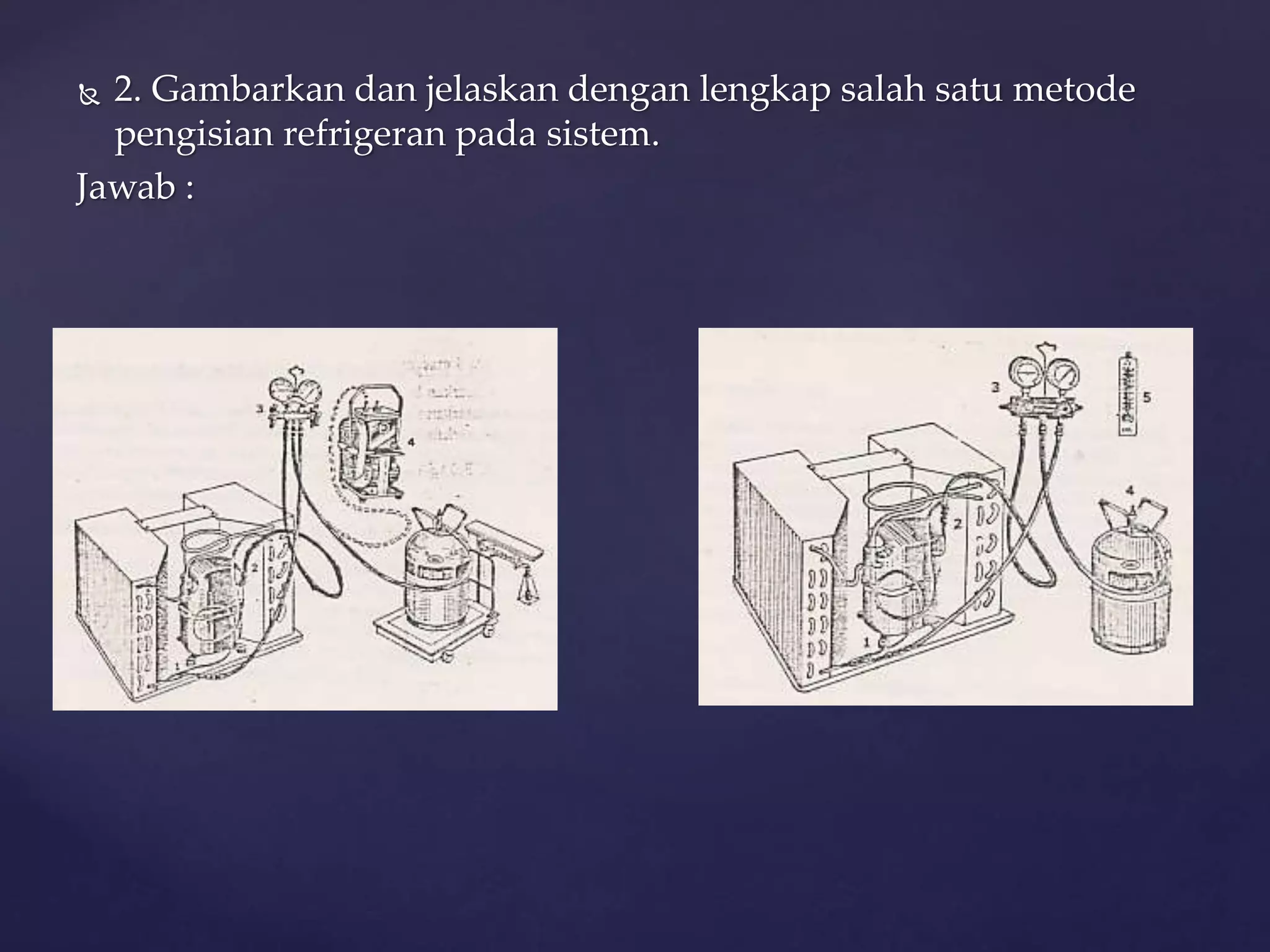  2. Gambarkan dan jelaskan dengan lengkap salah satu metode 
pengisian refrigeran pada sistem. 
Jawab : 
 