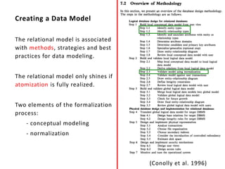 Creating a Data Model

The relational model is associated
with methods, strategies and best
practices for data modeling.


The relational model only shines if
atomization is fully realized.


Two elements of the formalization
process:
    - conceptual modeling
    - normalization



                                      (Conolly et al. 1996)
 