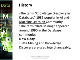Data
M
I
N
I
G
History
•The term "Knowledge Discovery in
Databases“ 1989 popular in AI and
Machine Learning Community.
•The term "Data Mining" appeared
around 1990 in the Database
community.
Now a day
•Data Mining and Knowledge
Discovery are used interchangeably.
11
PUNJAB UNIVERSITY COLLEGE OF
INFORMATION TECHNOLOGY
 