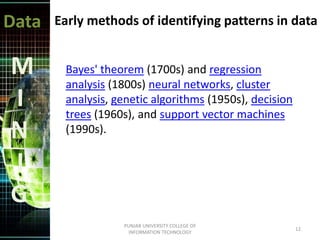 Data
M
I
N
I
G
Early methods of identifying patterns in data
Bayes' theorem (1700s) and regression
analysis (1800s) neural networks, cluster
analysis, genetic algorithms (1950s), decision
trees (1960s), and support vector machines
(1990s).
12
PUNJAB UNIVERSITY COLLEGE OF
INFORMATION TECHNOLOGY
 