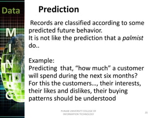 Data
M
I
N
I
G
Prediction
Records are classified according to some
predicted future behavior.
It is not like the prediction that a palmist
do..
Example:
Predicting that, “how much” a customer
will spend during the next six months?
For this the customers…, their interests,
their likes and dislikes, their buying
patterns should be understood
20
PUNJAB UNIVERSITY COLLEGE OF
INFORMATION TECHNOLOGY
 