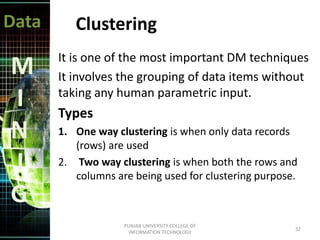 Data
M
I
N
I
G
Clustering
It is one of the most important DM techniques
It involves the grouping of data items without
taking any human parametric input.
Types
1. One way clustering is when only data records
(rows) are used
2. Two way clustering is when both the rows and
columns are being used for clustering purpose.
32
PUNJAB UNIVERSITY COLLEGE OF
INFORMATION TECHNOLOGY
 