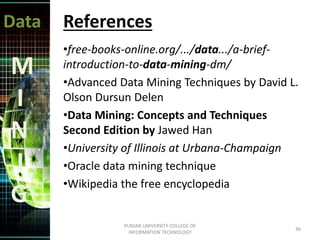 Data
M
I
N
I
G
References
•free-books-online.org/.../data.../a-brief-
introduction-to-data-mining-dm/
•Advanced Data Mining Techniques by David L.
Olson Dursun Delen
•Data Mining: Concepts and Techniques
Second Edition by Jawed Han
•University of Illinois at Urbana-Champaign
•Oracle data mining technique
•Wikipedia the free encyclopedia
36
PUNJAB UNIVERSITY COLLEGE OF
INFORMATION TECHNOLOGY
 