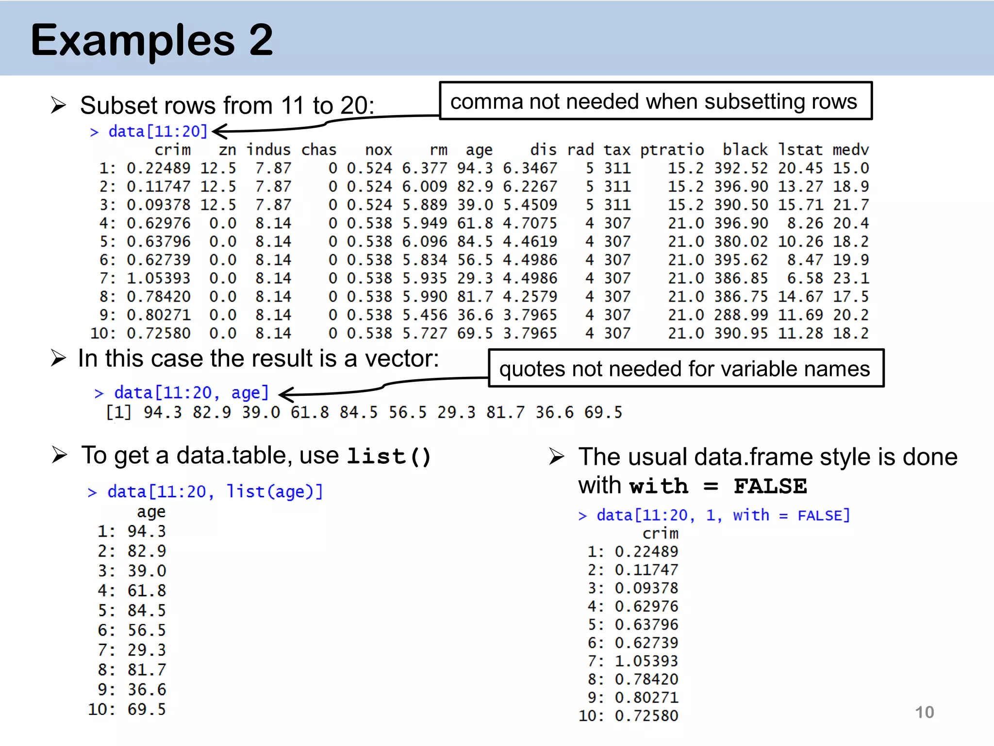  To get a data.table, use list()  The usual data.frame style is done with with = FALSE 10 Examples 2  Subset rows from 11 to 20:  In this case the result is a vector: comma not needed when subsetting rows quotes not needed for variable names 