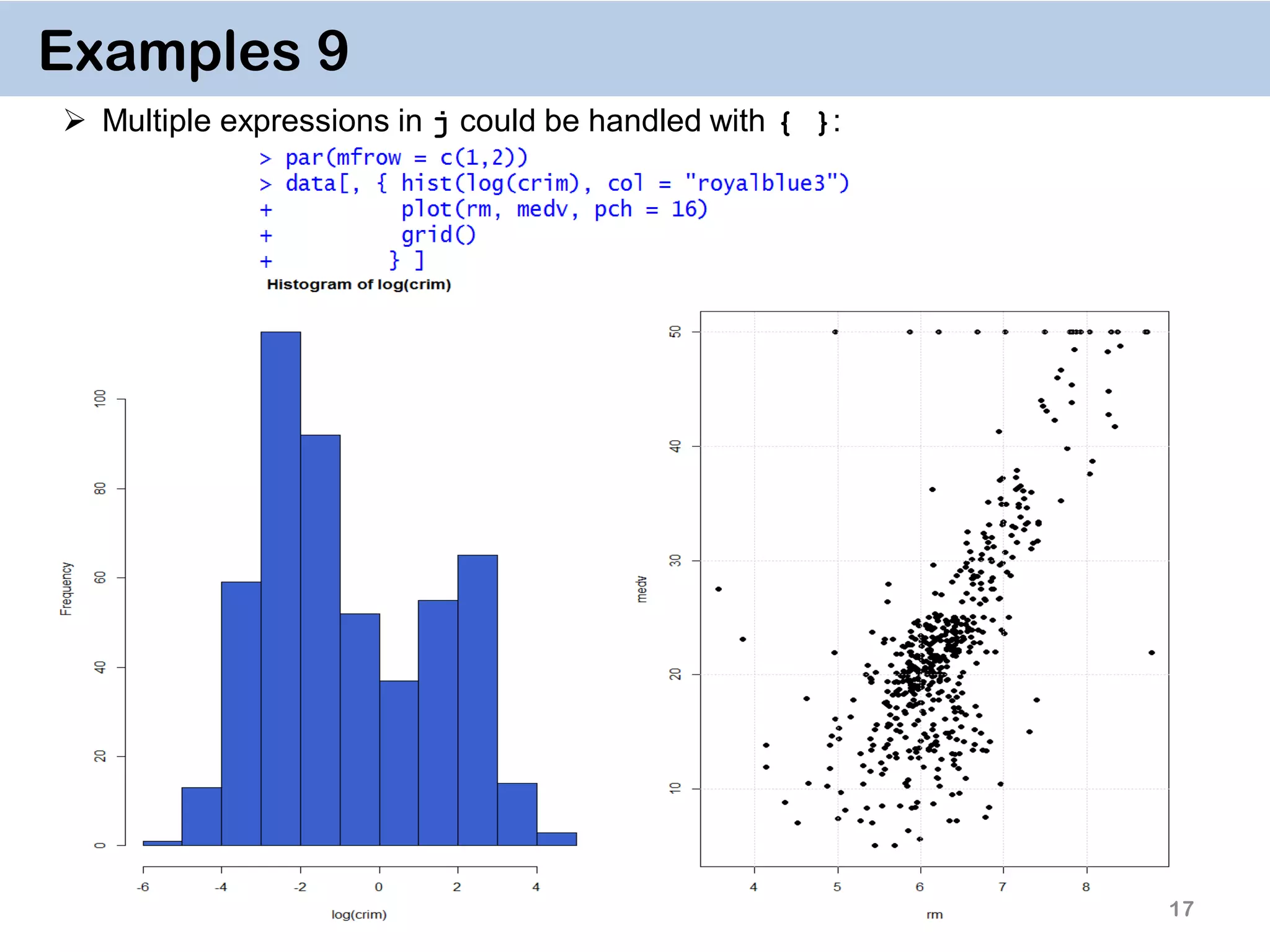 17 Examples 9  Multiple expressions in j could be handled with { }: 