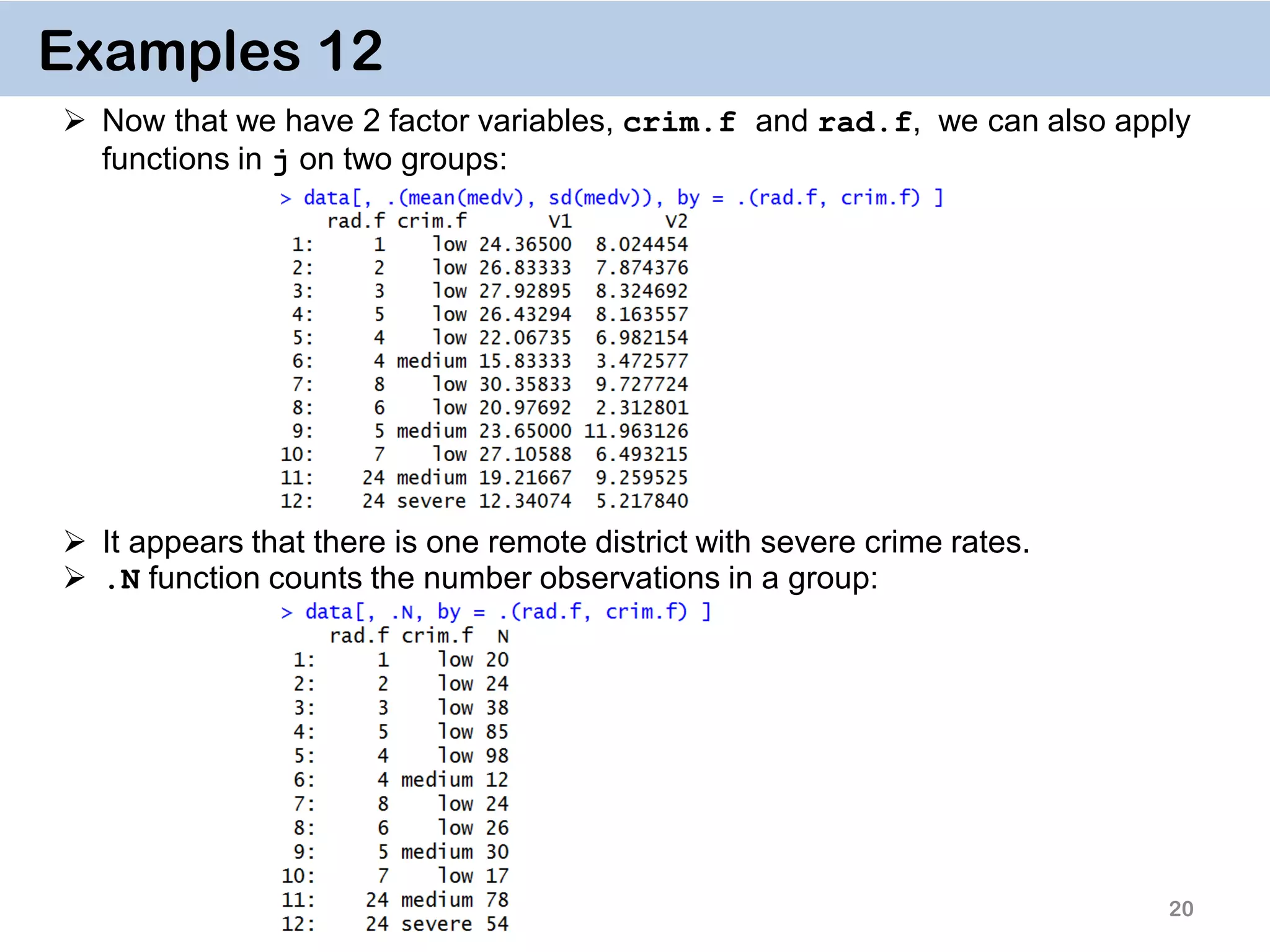 20 Examples 12  Now that we have 2 factor variables, crim.f and rad.f, we can also apply functions in j on two groups:  It appears that there is one remote district with severe crime rates.  .N function counts the number observations in a group: 