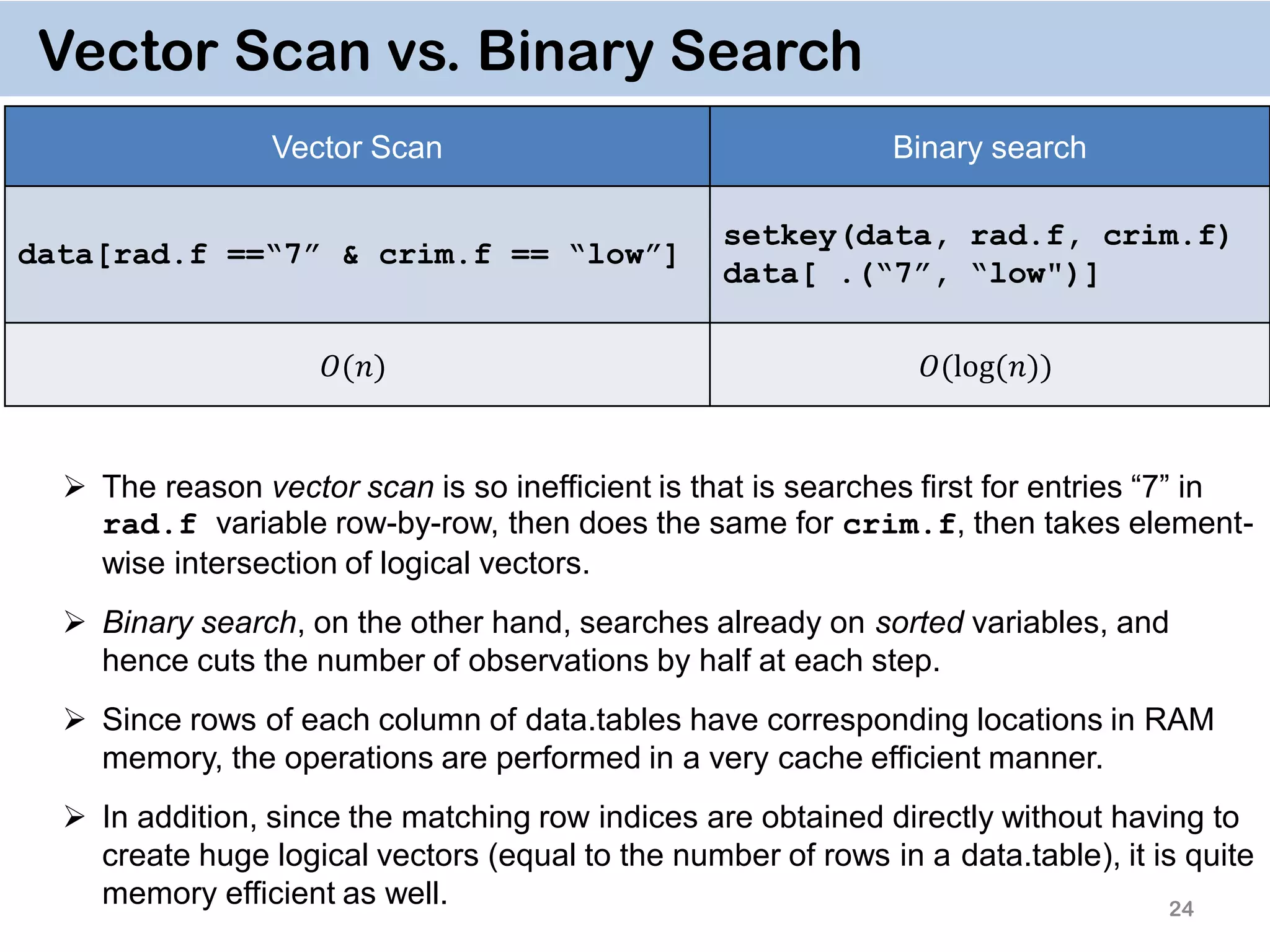 24 Vector Scan vs. Binary Search  The reason vector scan is so inefficient is that is searches first for entries “7” in rad.f variable row-by-row, then does the same for crim.f, then takes element- wise intersection of logical vectors.  Binary search, on the other hand, searches already on sorted variables, and hence cuts the number of observations by half at each step.  Since rows of each column of data.tables have corresponding locations in RAM memory, the operations are performed in a very cache efficient manner.  In addition, since the matching row indices are obtained directly without having to create huge logical vectors (equal to the number of rows in a data.table), it is quite memory efficient as well. Vector Scan Binary search data[rad.f ==“7” & crim.f == “low”] setkey(data, rad.f, crim.f) data[ .(“7”, “low")] 𝑂(𝑛) 𝑂(log⁡( 𝑛)) 
