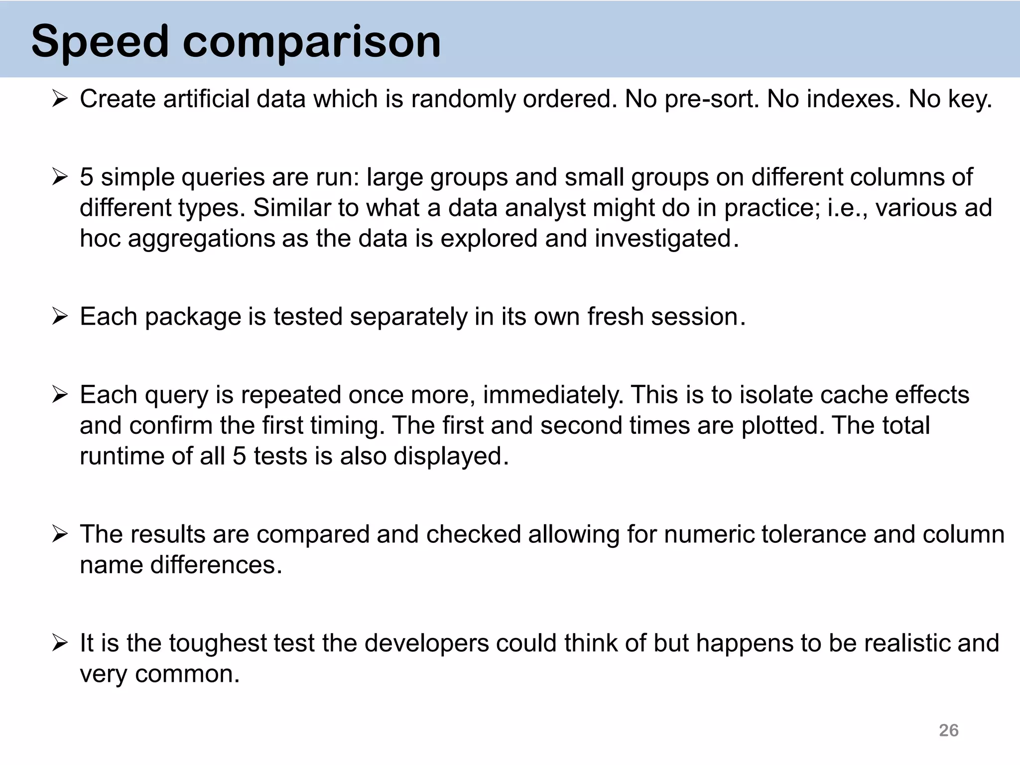 26 Speed comparison  Create artificial data which is randomly ordered. No pre-sort. No indexes. No key.  5 simple queries are run: large groups and small groups on different columns of different types. Similar to what a data analyst might do in practice; i.e., various ad hoc aggregations as the data is explored and investigated.  Each package is tested separately in its own fresh session.  Each query is repeated once more, immediately. This is to isolate cache effects and confirm the first timing. The first and second times are plotted. The total runtime of all 5 tests is also displayed.  The results are compared and checked allowing for numeric tolerance and column name differences.  It is the toughest test the developers could think of but happens to be realistic and very common. 