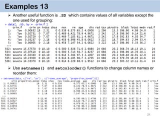 21
Examples 13
 Another useful function is .SD which contains values of all variables except the
one used for grouping:
 Use setnames() and setcolorder() functions to change column names or
reorder them:
 