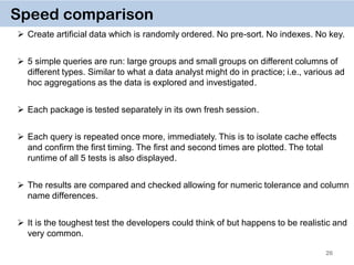 26
Speed comparison
 Create artificial data which is randomly ordered. No pre-sort. No indexes. No key.
 5 simple queries are run: large groups and small groups on different columns of
different types. Similar to what a data analyst might do in practice; i.e., various ad
hoc aggregations as the data is explored and investigated.
 Each package is tested separately in its own fresh session.
 Each query is repeated once more, immediately. This is to isolate cache effects
and confirm the first timing. The first and second times are plotted. The total
runtime of all 5 tests is also displayed.
 The results are compared and checked allowing for numeric tolerance and column
name differences.
 It is the toughest test the developers could think of but happens to be realistic and
very common.
 