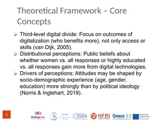 Theoretical Framework – Core
Concepts
⮚ Third-level digital divide: Focus on outcomes of
digitalization (who benefits more...