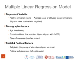 Multiple Linear Regression Model
Dependent Variable:
• Positive immigrant_items → Average score of attitudes toward immigrants
(higher = more positive/less negative)
Demographic factors
• Age (continuous)
• Educational level (low, medium, high – aligned with ISCED)
• Place of residence (rural vs. urban)
Social & Political factors
• Religiosity (frequency of attending religious services)
• Political self-placement (left–right scale)
10
 