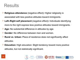 12
Results
 Religious attendance (negative effect): Higher religiosity is
associated with less positive attitudes toward immigrants.
 Left–Right self placement (negative effect): Individuals identifying
more to the right express less positive attitudes toward immigrants.
 Age: No substantial difference in attitudes by age.
 Gender: No difference between men and women.
 Rural vs. Urban: Place of residence does not significantly affect
attitudes.
 Education: High education: Slight tendency toward more positive
attitudes, but not statistically significant.
 