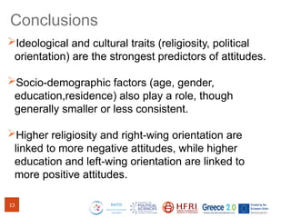 Conclusions
Ideological and cultural traits (religiosity, political
orientation) are the strongest predictors of attitudes.
Socio-demographic factors (age, gender,
education,residence) also play a role, though
generally smaller or less consistent.
Higher religiosity and right-wing orientation are
linked to more negative attitudes, while higher
education and left-wing orientation are linked to
more positive attitudes.
13
 