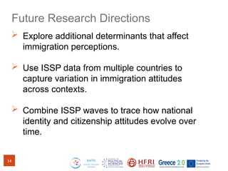 Future Research Directions
14
 Explore additional determinants that affect
immigration perceptions.
 Use ISSP data from multiple countries to
capture variation in immigration attitudes
across contexts.
 Combine ISSP waves to trace how national
identity and citizenship attitudes evolve over
time.
 