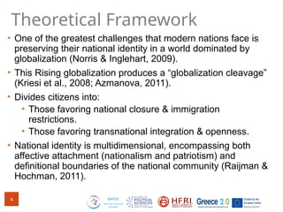 Theoretical Framework
• One of the greatest challenges that modern nations face is
preserving their national identity in a world dominated by
globalization (Norris & Inglehart, 2009).
• This Rising globalization produces a “globalization cleavage”
(Kriesi et al., 2008; Azmanova, 2011).
• Divides citizens into:
• Those favoring national closure & immigration
restrictions.
• Those favoring transnational integration & openness.
• National identity is multidimensional, encompassing both
affective attachment (nationalism and patriotism) and
definitional boundaries of the national community (Raijman &
Hochman, 2011).
4
 