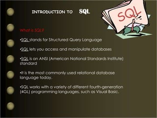SQLINTRODUCTION TO SQLWhat is SQL?SQL stands for Structured Query Language