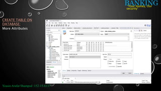 BANKING
CREATE TABLE ON
DATABASE:
Yeasin Arafat Shampod :152-15-6137
‘Your money, Our
security’
More Attributes
 
