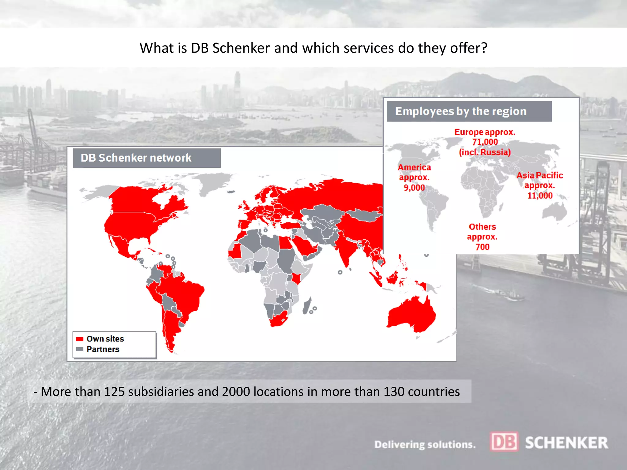 What is DB Schenker and which services do they offer?




- More than 125 subsidiaries and 2000 locations in more than 130 countries
 