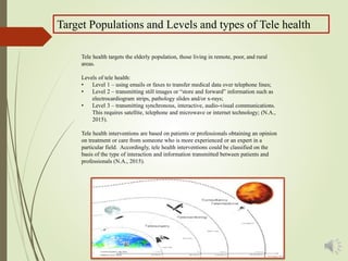 Tele health targets the elderly population, those living in remote, poor, and rural
areas.
Levels of tele health:
• Level 1 – using emails or faxes to transfer medical data over telephone lines;
• Level 2 – transmitting still images or “store and forward” information such as
electrocardiogram strips, pathology slides and/or x-rays;
• Level 3 – transmitting synchronous, interactive, audio-visual communications.
This requires satellite, telephone and microwave or internet technology; (N.A.,
2015).
Tele health interventions are based on patients or professionals obtaining an opinion
on treatment or care from someone who is more experienced or an expert in a
particular field. Accordingly, tele health interventions could be classified on the
basis of the type of interaction and information transmitted between patients and
professionals (N.A., 2015).
Target Populations and Levels and types of Tele health
 