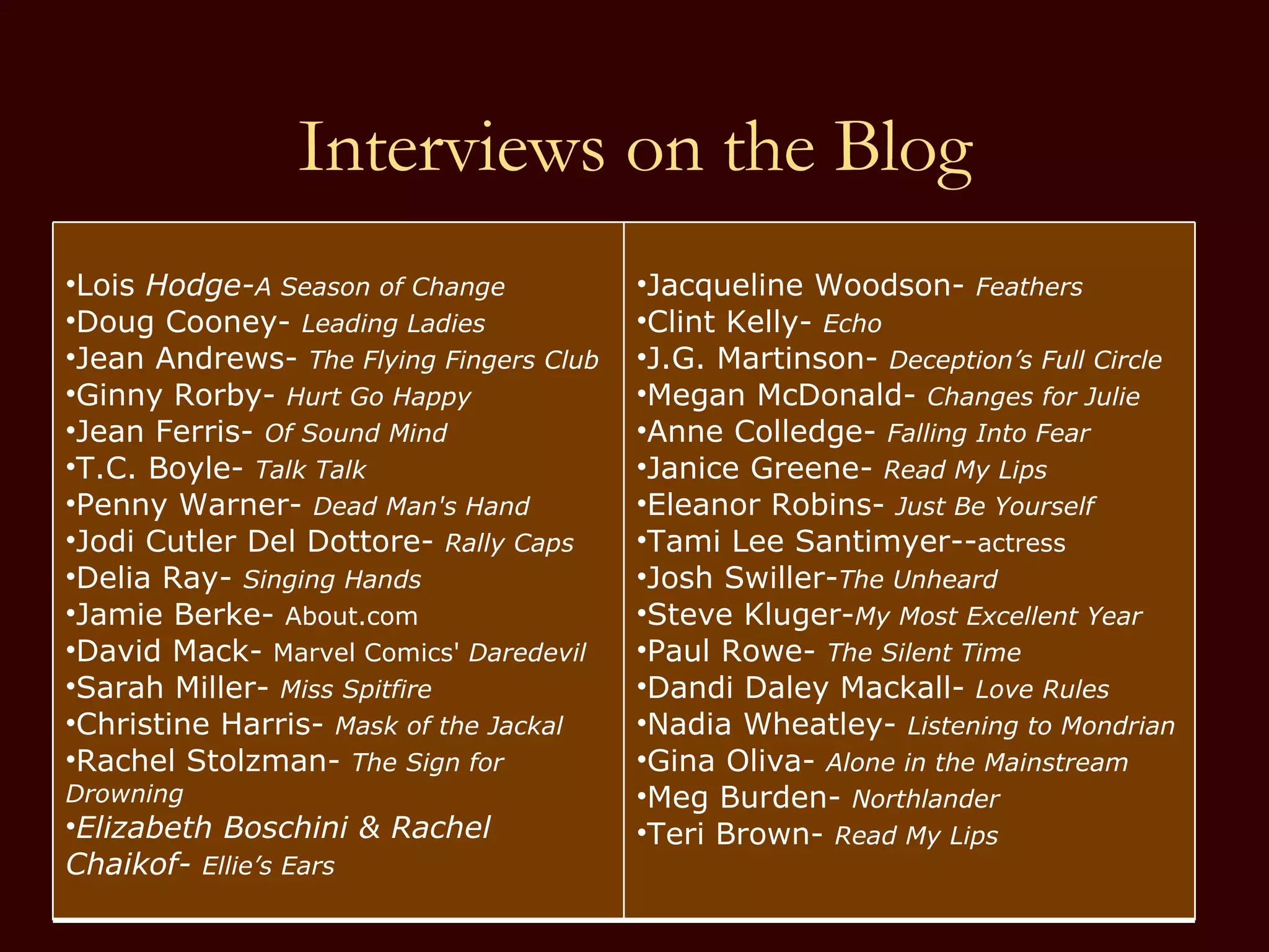 Interviews on the Blog Lois  Hodge- A Season of Change  Doug Cooney-  Leading Ladies  Jean Andrews-  The Flying Fingers Club Ginny Rorby-  Hurt Go Happy  Jean Ferris-  Of Sound Mind  T.C. Boyle-  Talk Talk  Penny Warner-  Dead Man's Hand  Jodi Cutler Del Dottore-  Rally Caps  Delia Ray-  Singing Hands  Jamie Berke-  About.com   David Mack-  Marvel Comics'  Daredevil  Sarah Miller-  Miss Spitfire  Christine Harris-  Mask of the Jackal  Rachel Stolzman-  The Sign for Drowning  Elizabeth Boschini & Rachel Chaikof-  Ellie’s Ears  Jacqueline Woodson-  Feathers   Clint Kelly-  Echo   J.G. Martinson-  Deception’s Full Circle Megan McDonald-  Changes for Julie  Anne Colledge-  Falling Into Fear  Janice Greene-  Read My Lips  Eleanor Robins-  Just Be Yourself  Tami Lee Santimyer-- actress   Josh Swiller- The Unheard  Steve Kluger- My Most Excellent Year  Paul Rowe-  The Silent Time  Dandi Daley Mackall-  Love Rules  Nadia Wheatley-  Listening to Mondrian  Gina Oliva-  Alone in the Mainstream  Meg Burden-  Northlander   Teri Brown-  Read My Lips  