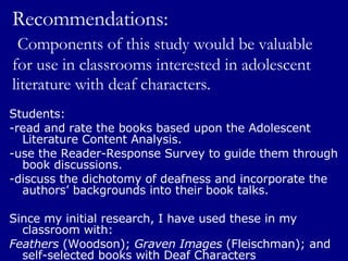 Recommendations:   Components of this study would be valuable for use in classrooms interested in adolescent literature with deaf characters. Students:  -read and rate the books based upon the Adolescent Literature Content Analysis. -use the Reader-Response Survey to guide them through book discussions. -discuss the dichotomy of deafness and incorporate the authors’ backgrounds into their book talks. Since my initial research, I have used these in my classroom with: Feathers  (Woodson);  Graven Images  (Fleischman); and self-selected books with Deaf Characters 
