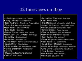 32 Interviews on Blog Lois  Hodge- A Season of Change  Doug Cooney-  Leading Ladies  Jean Andrews-  The Flying Fingers Club Ginny Rorby-  Hurt Go Happy  Jean Ferris-  Of Sound Mind  T.C. Boyle-  Talk Talk  Penny Warner-  Dead Man's Hand  Jodi Cutler Del Dottore-  Rally Caps  Delia Ray-  Singing Hands  Jamie Berke-  About.com   David Mack-  Marvel Comics'  Daredevil  Sarah Miller-  Miss Spitfire  Christine Harris-  Mask of the Jackal  Rachel Stolzman-  The Sign for Drowning  Elizabeth Boschini & Rachel Chaikof-  Ellie’s Ears  Jacqueline Woodson-  Feathers   Clint Kelly-  Echo   J.G. Martinson-  Deception’s Full Circle Megan McDonald-  Changes for Julie  Anne Colledge-  Falling Into Fear  Janice Greene-  Read My Lips  Eleanor Robins-  Just Be Yourself  Tami Lee Santimyer-- actress   Josh Swiller- The Unheard  Steve Kluger- My Most Excellent Year  Paul Rowe-  The Silent Time  Dandi Daley Mackall-  Love Rules  Nadia Wheatley-  Listening to Mondrian  Gina Oliva-  Alone in the Mainstream  Meg Burden-  Northlander   Teri Brown-  Read My Lips  Ann Clare LeZotte-  T4 