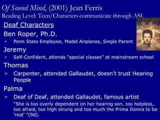 Of Sound Mind , (2001) Jean Ferris Reading Level: Teen/Characters communicate through ASL Deaf Characters Ben Roper, Ph.D.  Penn State Employee, Model Airplanes, Single Parent Jeremy Self-Confident, attends “special classes” at mainstream school  Thomas Carpenter, attended Gallaudet, doesn’t trust Hearing People Palma Deaf of Deaf, attended Gallaudet, famous artist “ She is too overly dependent on her hearing son, too helpless, too afraid, too high strung and too much the Prima Donna to be ‘real’ ”(9d). 