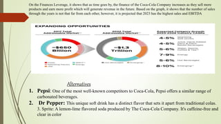 On the Finances Leverage, it shows that as time goes by, the finance of the Coca-Cola Company increases as they sell more
products and earn more profit which will generate revenue in the future. Based on the graph, it shows that the number of sales
through the years is not that far from each other, however, it is projected that 2023 has the highest sales and EBITDA
Alternatives
1. Pepsi: One of the most well-known competitors to Coca-Cola, Pepsi offers a similar range of
carbonated beverages.
2. Dr Pepper: This unique soft drink has a distinct flavor that sets it apart from traditional colas.
3. Sprite: A lemon-lime flavored soda produced by The Coca-Cola Company. It's caffeine-free and
clear in color
 