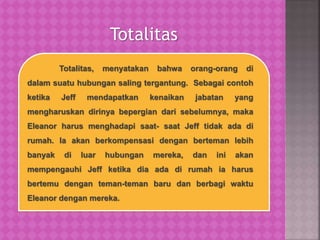 Totalitas, menyatakan bahwa orang-orang di
dalam suatu hubungan saling tergantung. Sebagai contoh
ketika Jeff mendapatkan kenaikan jabatan yang
mengharuskan dirinya bepergian dari sebelumnya, maka
Eleanor harus menghadapi saat- saat Jeff tidak ada di
rumah. Ia akan berkompensasi dengan berteman lebih
banyak di luar hubungan mereka, dan ini akan
mempengauhi Jeff ketika dia ada di rumah ia harus
bertemu dengan teman-teman baru dan berbagi waktu
Eleanor dengan mereka.
Totalitas
 