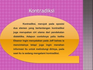 Kontradiksi
Kontradiksi, merujuk pada oposisi
dua elemen yang bertentangan kontradiksi
juga merupakan ciri utama dari pendekatan
dialektika. Adapun contohnya yaitu ketika
Eleanor ingin menyatakan pada Jeff bahwa ia
mencintainya tetapi juga ingin menahan
informasi itu untuk melindungi dirinya, pada
saat itu ia sedang mengalami kontradiksi.
 